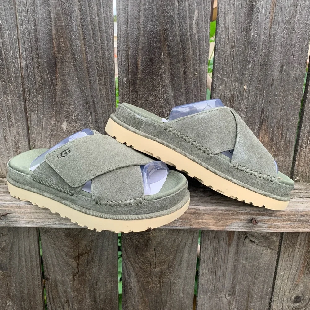 UGG Sandals Goldenstar Cross Platform Slide Moss Green Suede Leather - Picture 15 of 16